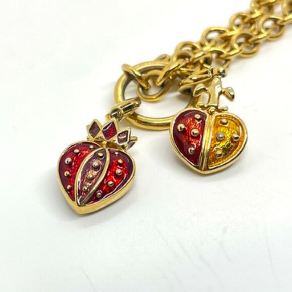VINTAGE ERWIN PEARL HEART CHARM NECKLACE GOLD TONE ENAMEL RED YELLOW DOUBLE LINK - Picture 11 of 15